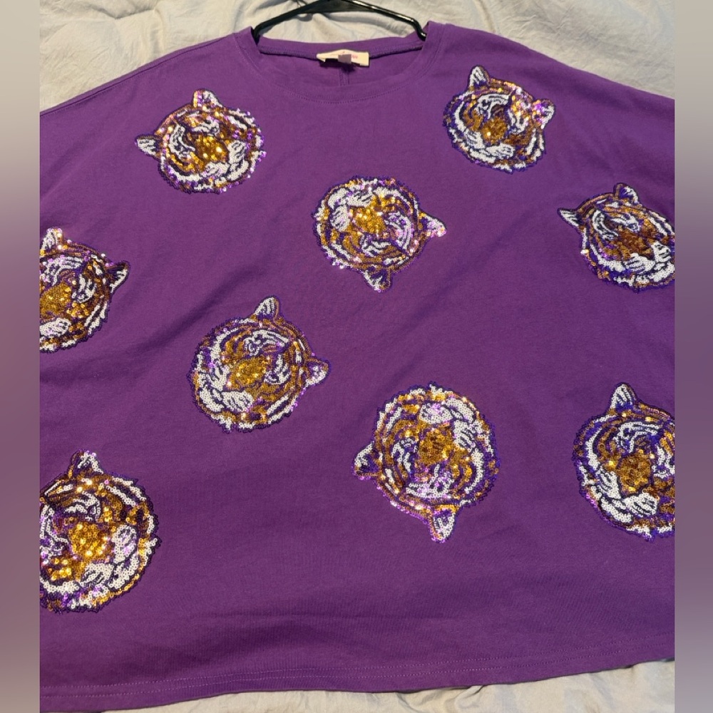 Purple “LSU” tiger short sleeve sequin top